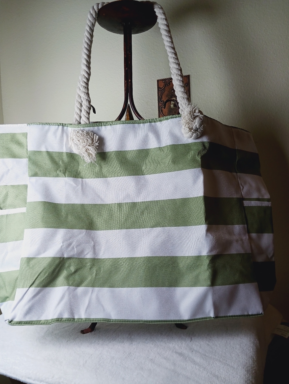 Striped Canvas Tote Bag in Green and White - Casual Women’s Beach Bag